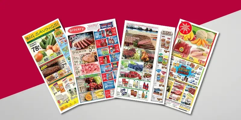 spread of grocery store circulars colorful printed ads